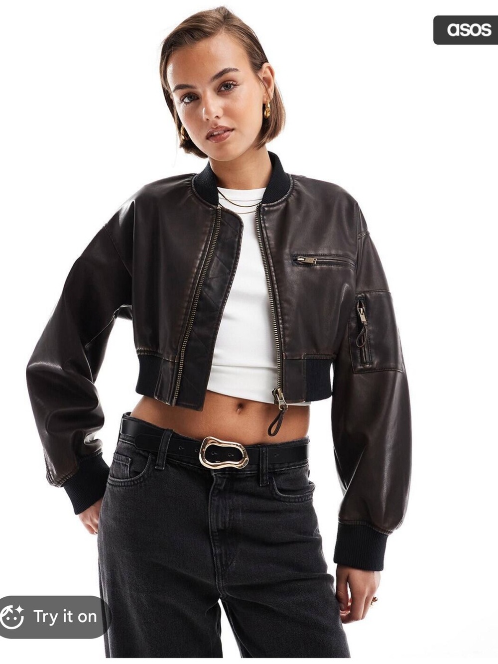 ASOS Women's Cropped Brown faux Leather Bomber Jacket Like New